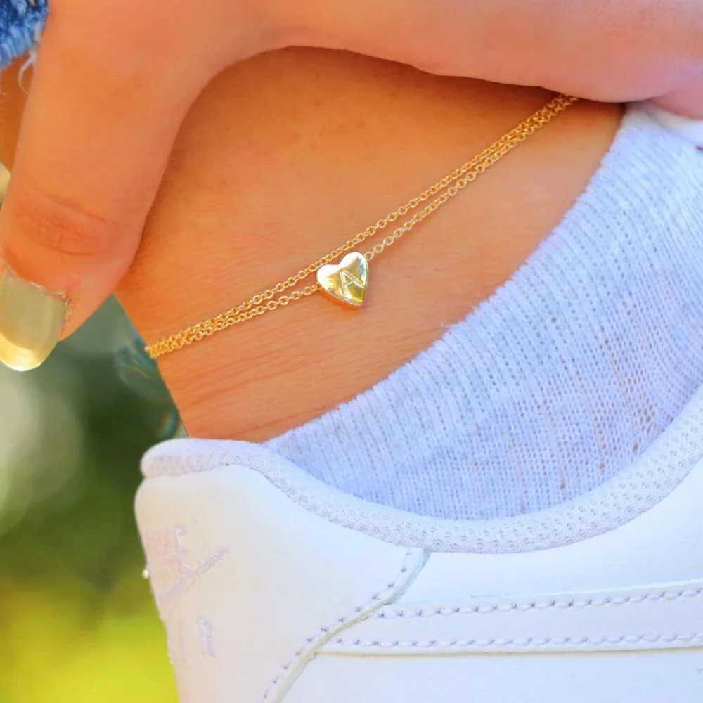 GOLD INITIAL ANKLET ā¤ļøHEART CHARM PERSONALIZED DOUBLE LAYER DAINTY, ELDM22105A - Picture 8 of 13